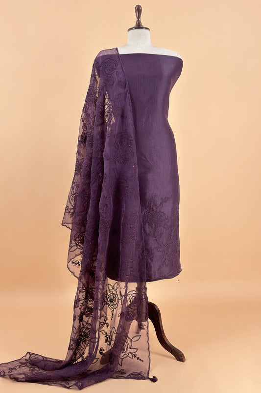 Violet Pure Kora Silk Suit With French Thread Embroidery