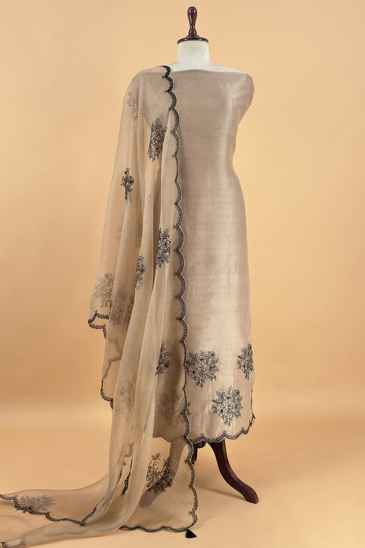 Kalasheel Luxe Designer Coffee Brown Handloom Organza Suit With Black Roses Embroidery