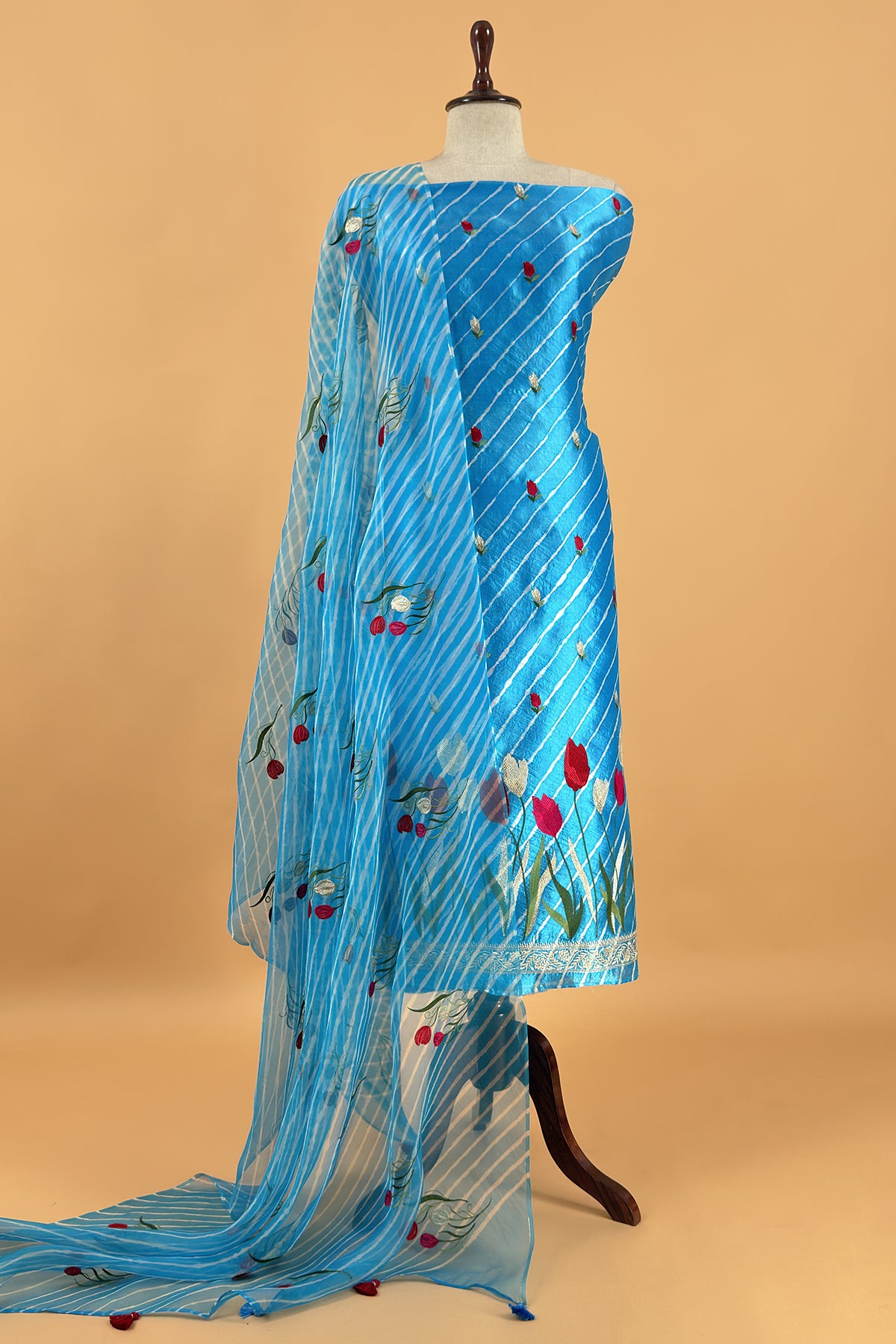 Blue Pure Lehariya Silk Suit With Organza Dupatta