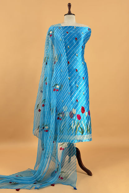 Blue Pure Lehariya Silk Suit With Organza Dupatta