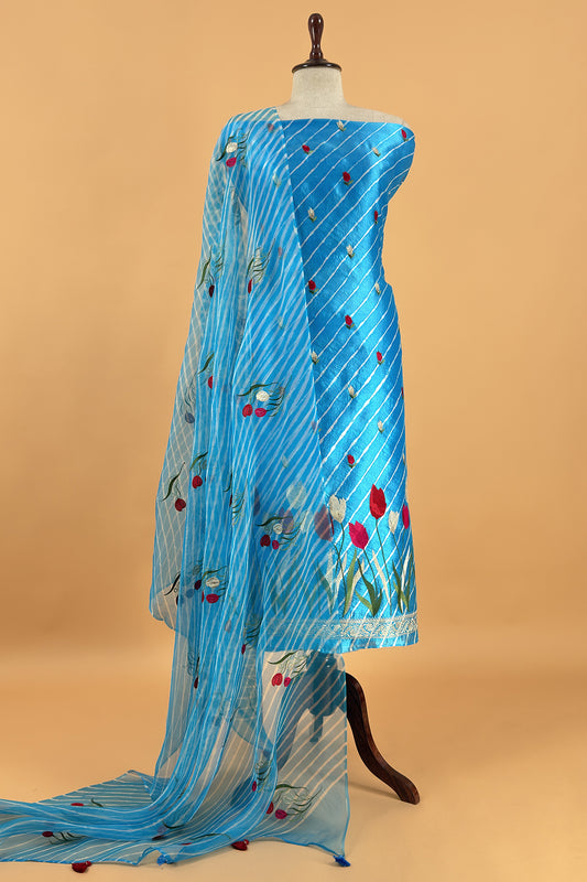 Blue Pure Lehariya Silk Suit With Organza Dupatta