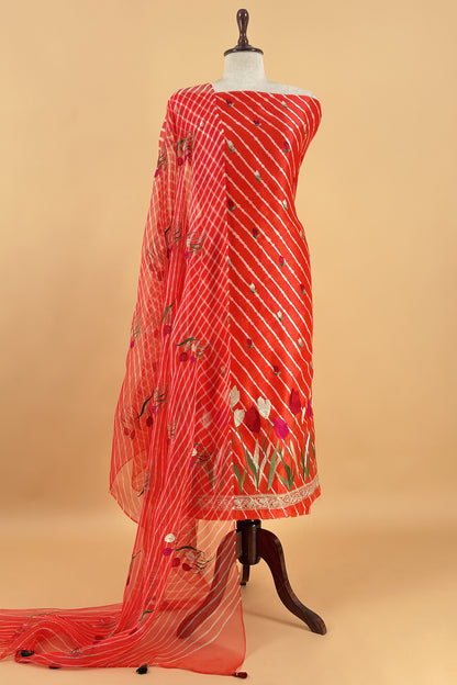 Orange Pure Lehariya Silk Suit With Organza Dupatta