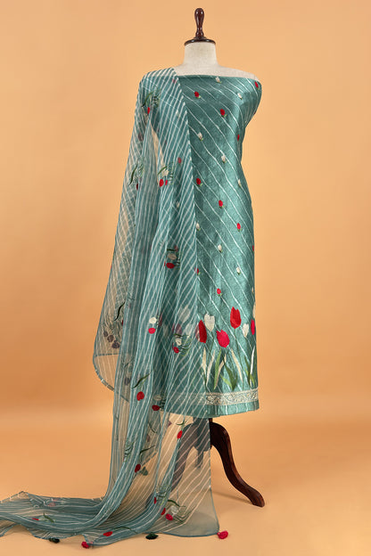 Mint Green Pure Lehariya Silk Suit With Organza Dupatta