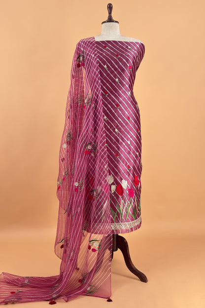Deep Plum Pure Lehariya Silk Suit With Organza Dupatta