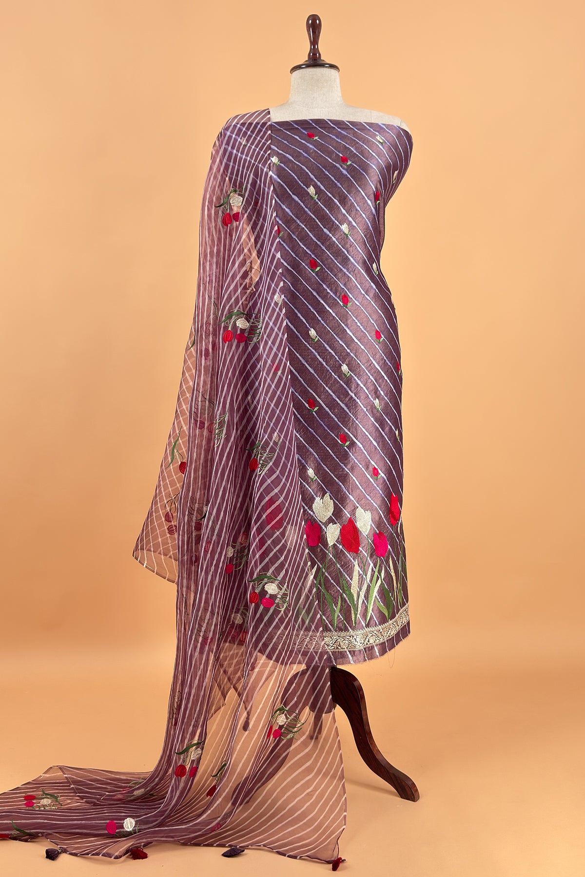 Muted Purple Pure Lehariya Silk Suit With Organza Dupatta