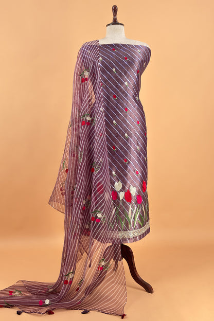 Muted Purple Pure Lehariya Silk Suit With Organza Dupatta