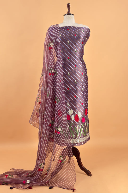 Muted Purple Pure Lehariya Silk Suit With Organza Dupatta