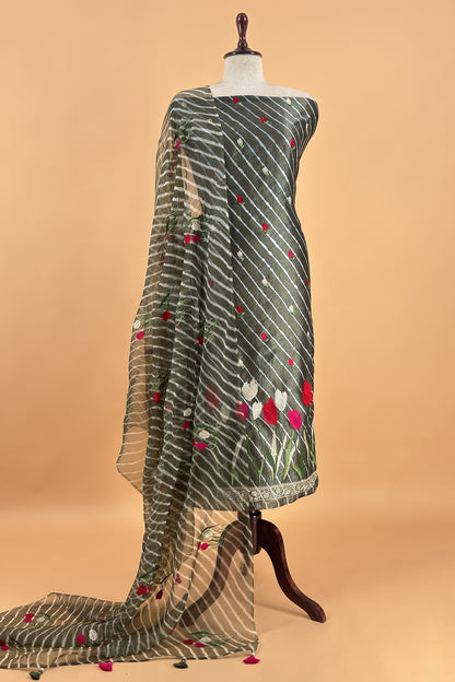 Grey Pure Lehariya Silk Suit With Organza Dupatta