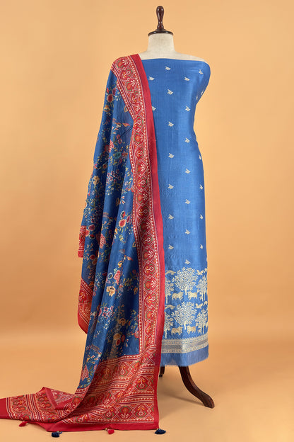 Blue Pure Tussar Silk Suit With Patola Dupatta