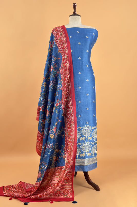 Blue Pure Tussar Silk Suit With Patola Dupatta