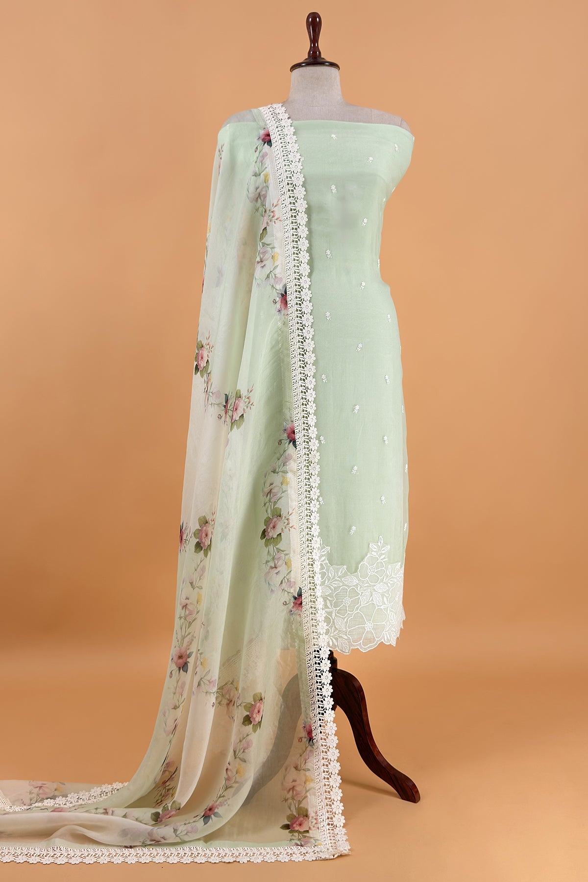 Pastel Green Handloom Organza Suit Fabric With Dupatta