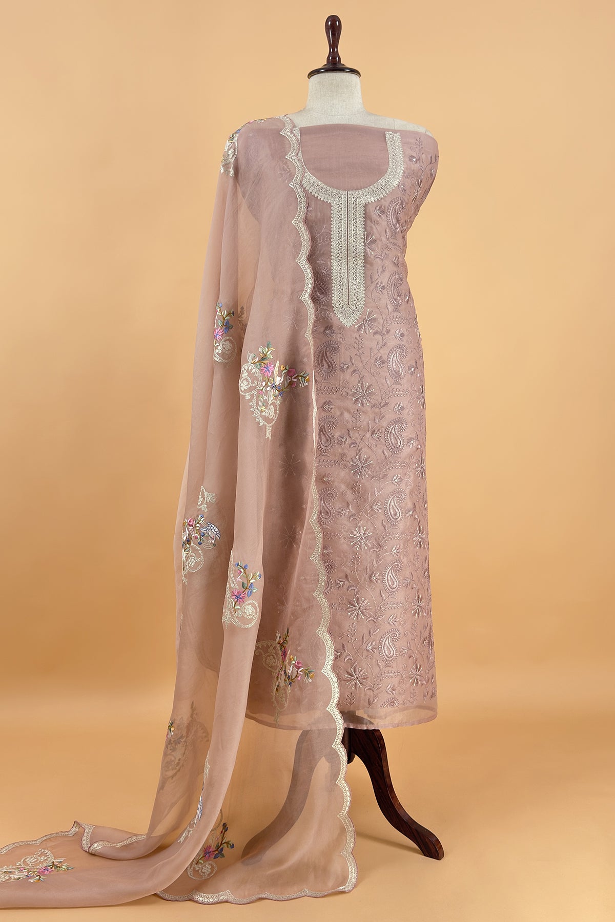 Blush Pink Handloom Kora Silk Suit With Resham Thread Embroidery