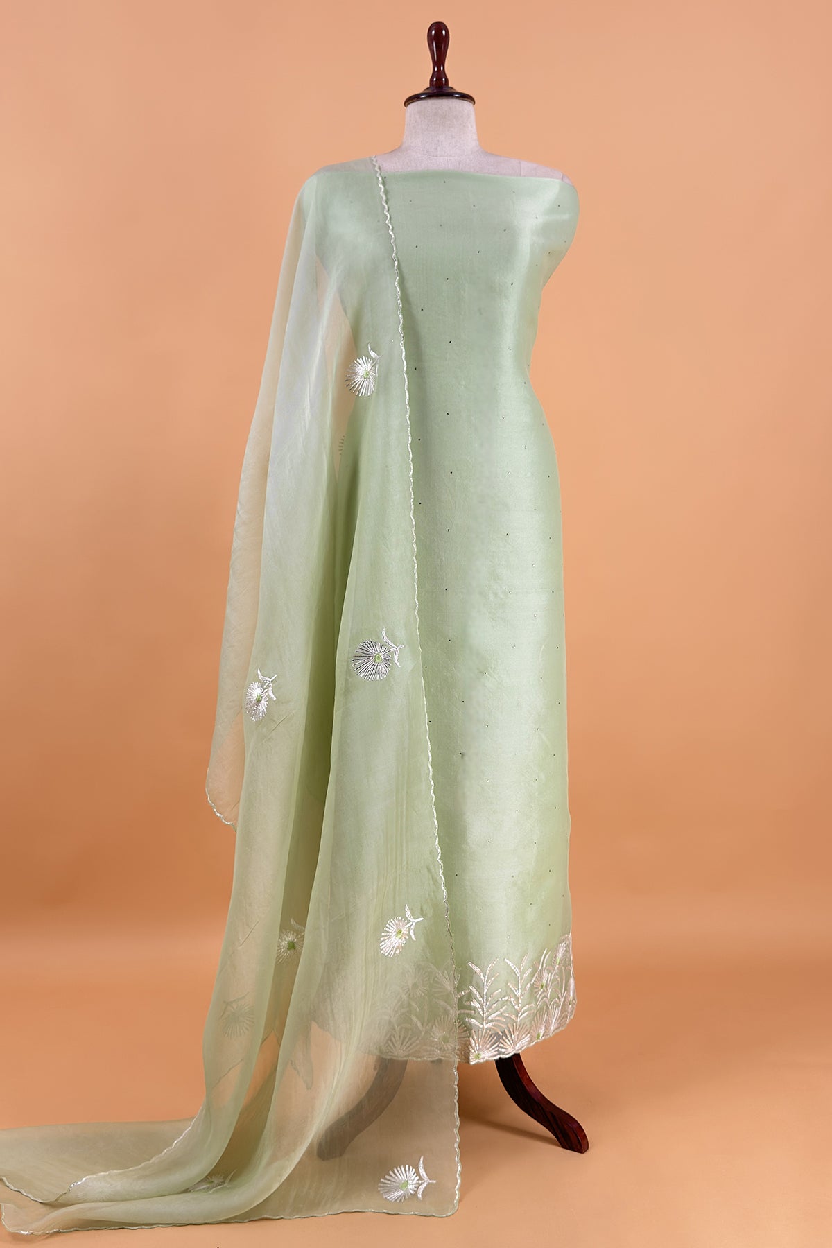 Pastel Green Handloom Organza Silk Unstitched Suit Fabric With Gota Handwork