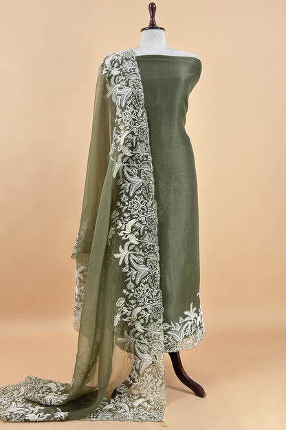 Kalasheel Luxe Sage Green Handloom Organza Suit With Garden French Embroidery