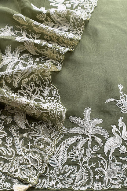 Kalasheel Luxe Sage Green Handloom Organza Suit With Garden French Embroidery
