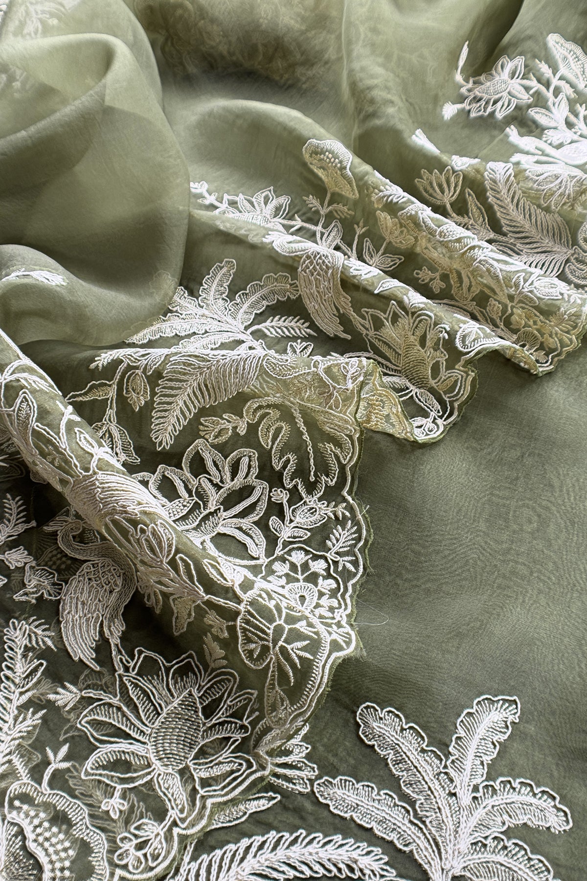 Kalasheel Luxe Sage Green Handloom Organza Suit With Garden French Embroidery