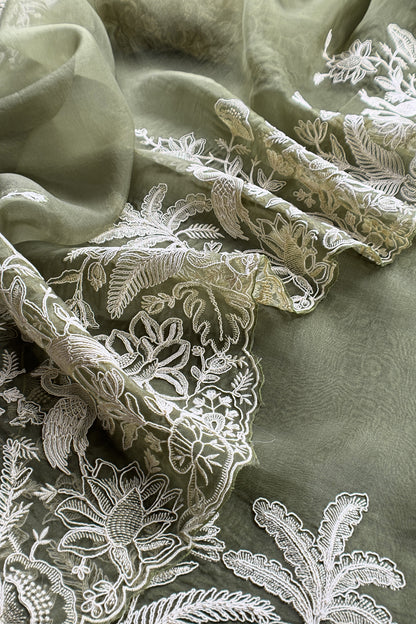 Kalasheel Luxe Sage Green Handloom Organza Suit With Garden French Embroidery