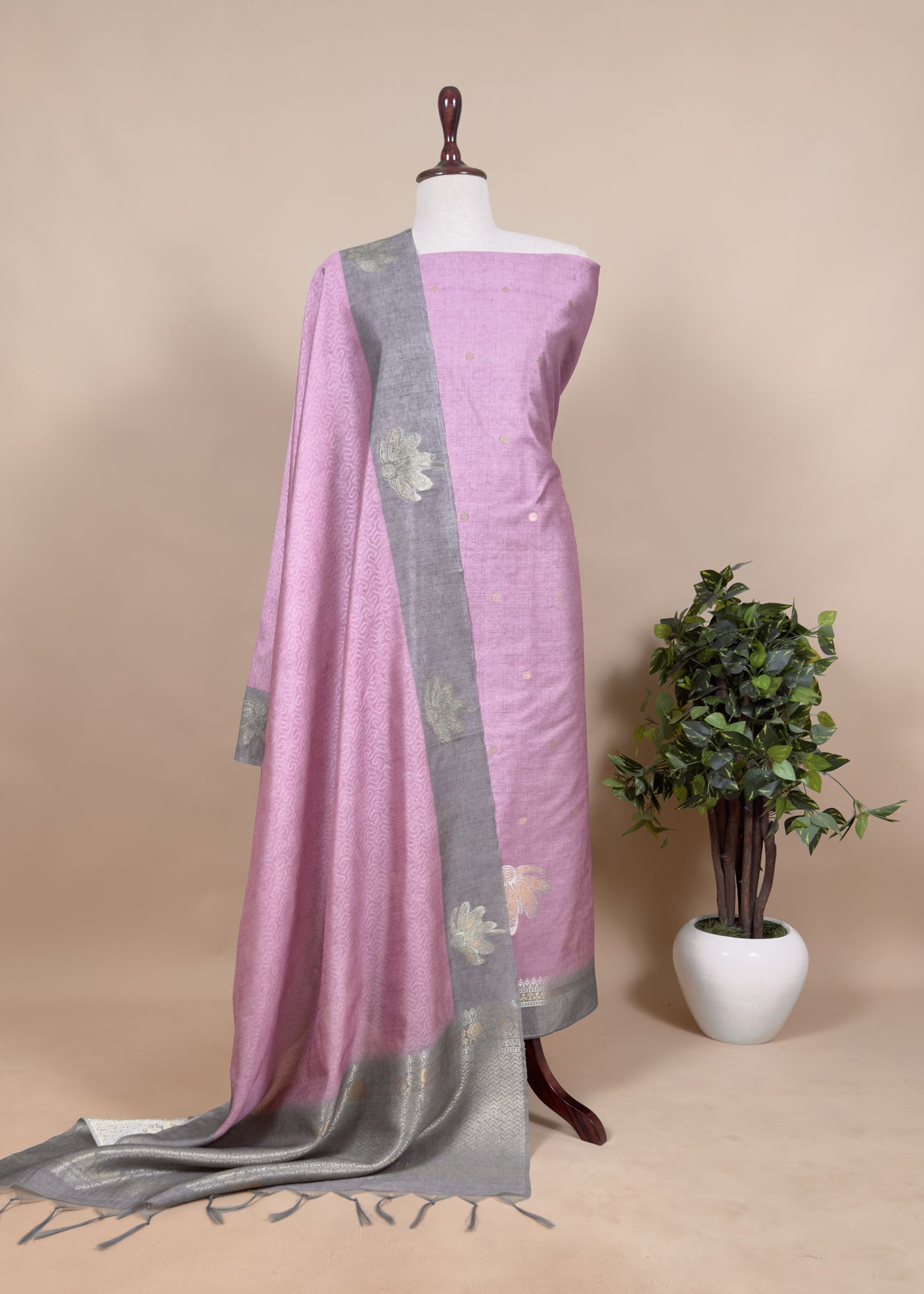 Pink Pearl Chanderi Unstitched Dupatta-Suit With Silver Gold Zari Jamdani Weaving