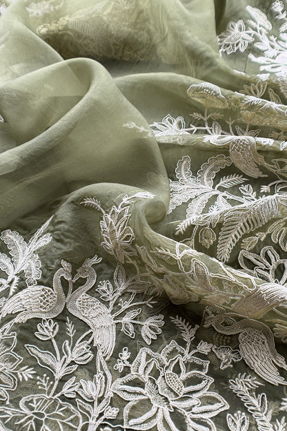 Kalasheel Luxe Sage Green Handloom Organza Suit With Garden French Embroidery