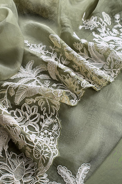 Kalasheel Luxe Sage Green Handloom Organza Suit With Garden French Embroidery