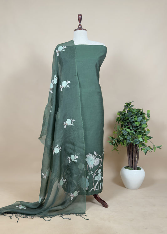 Green Tussar Silk Suit Unstitched With Dupatta