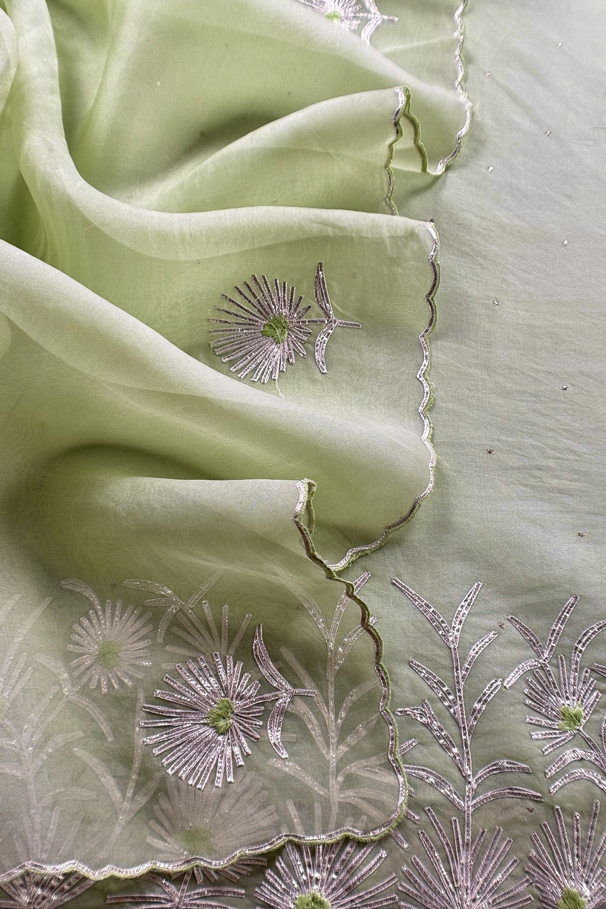 Pastel Green Handloom Organza Silk Unstitched Suit Fabric With Gota Handwork