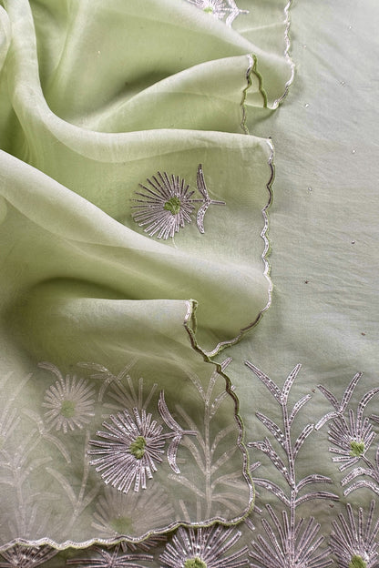 Pastel Green Handloom Organza Silk Unstitched Suit Fabric With Gota Handwork