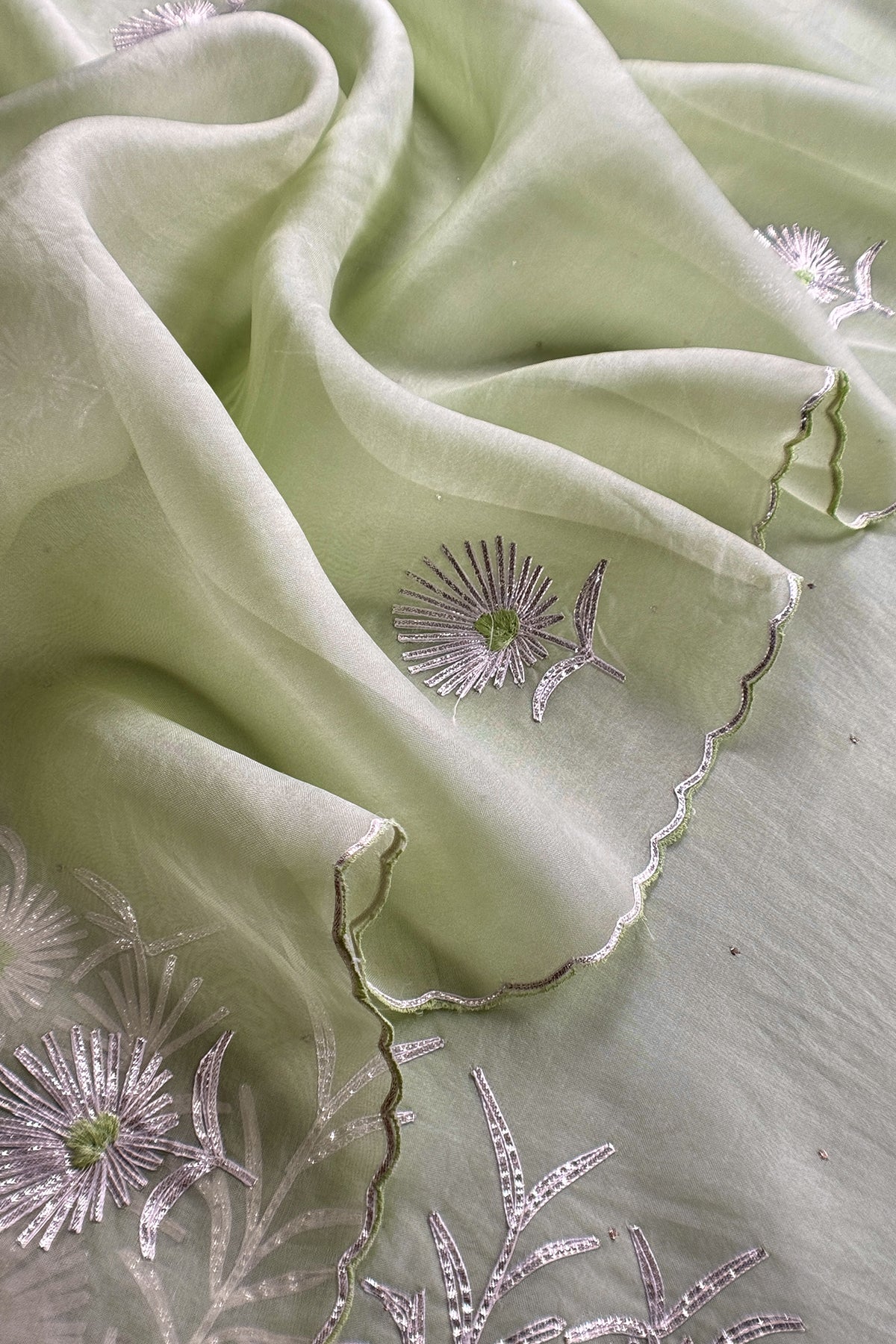 Pastel Green Handloom Organza Silk Unstitched Suit Fabric With Gota Handwork