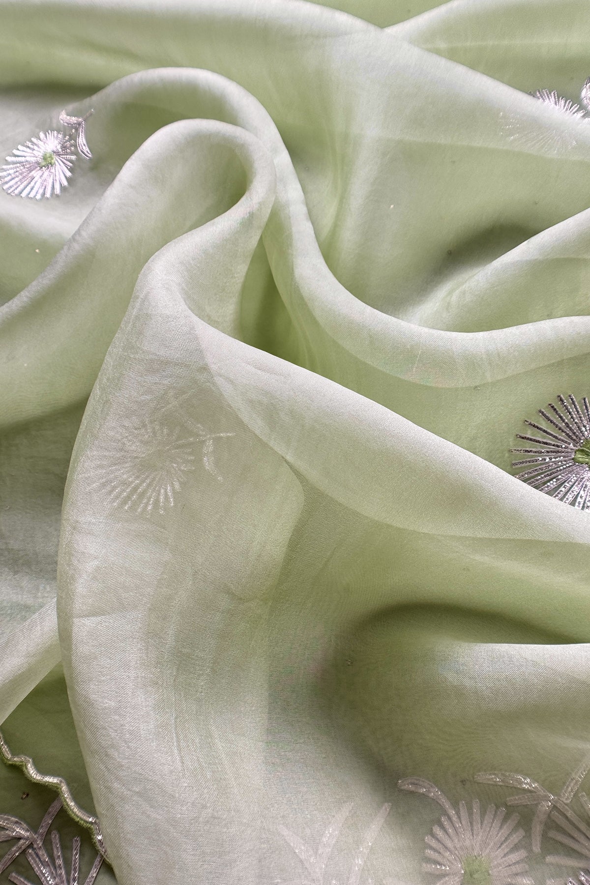 Pastel Green Handloom Organza Silk Unstitched Suit Fabric With Gota Handwork