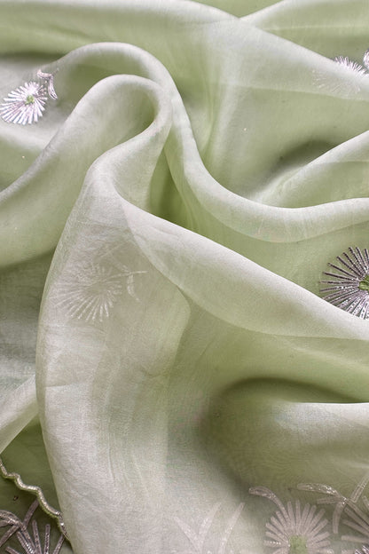 Pastel Green Handloom Organza Silk Unstitched Suit Fabric With Gota Handwork
