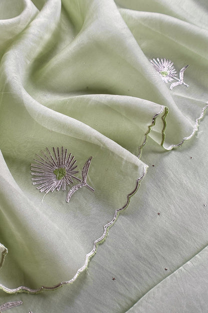 Pastel Green Handloom Organza Silk Unstitched Suit Fabric With Gota Handwork