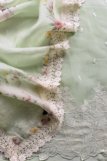 Pastel Green Handloom Organza Suit Fabric With Dupatta