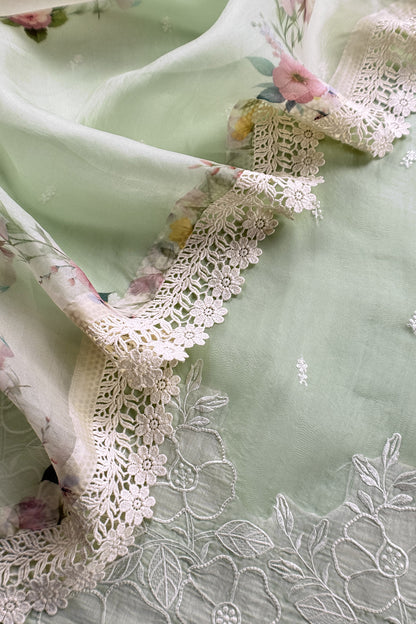 Pastel Green Handloom Organza Suit Fabric With Dupatta