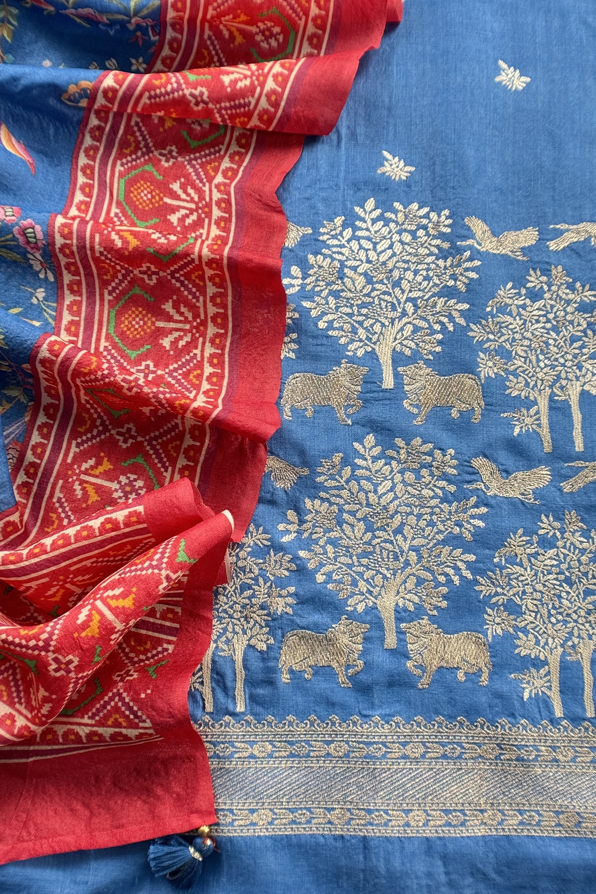Blue Pure Tussar Silk Suit With Patola Dupatta