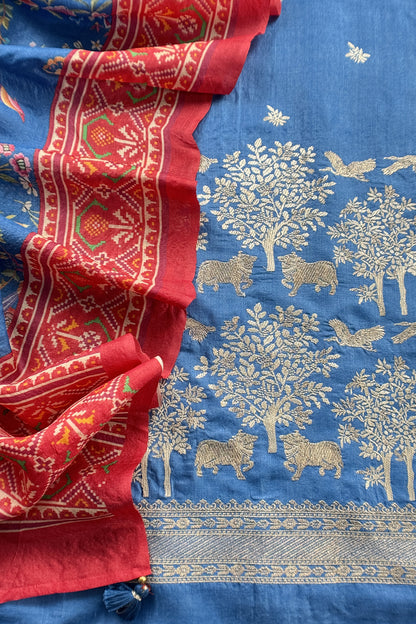 Blue Pure Tussar Silk Suit With Patola Dupatta