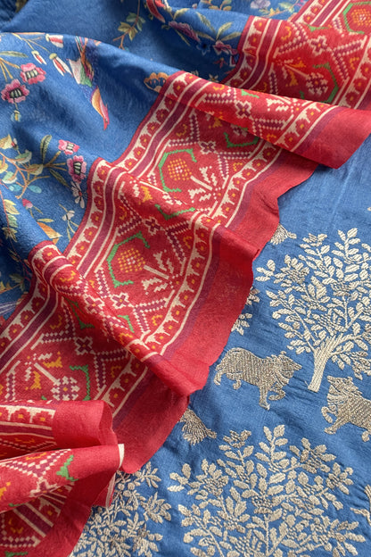 Blue Pure Tussar Silk Suit With Patola Dupatta