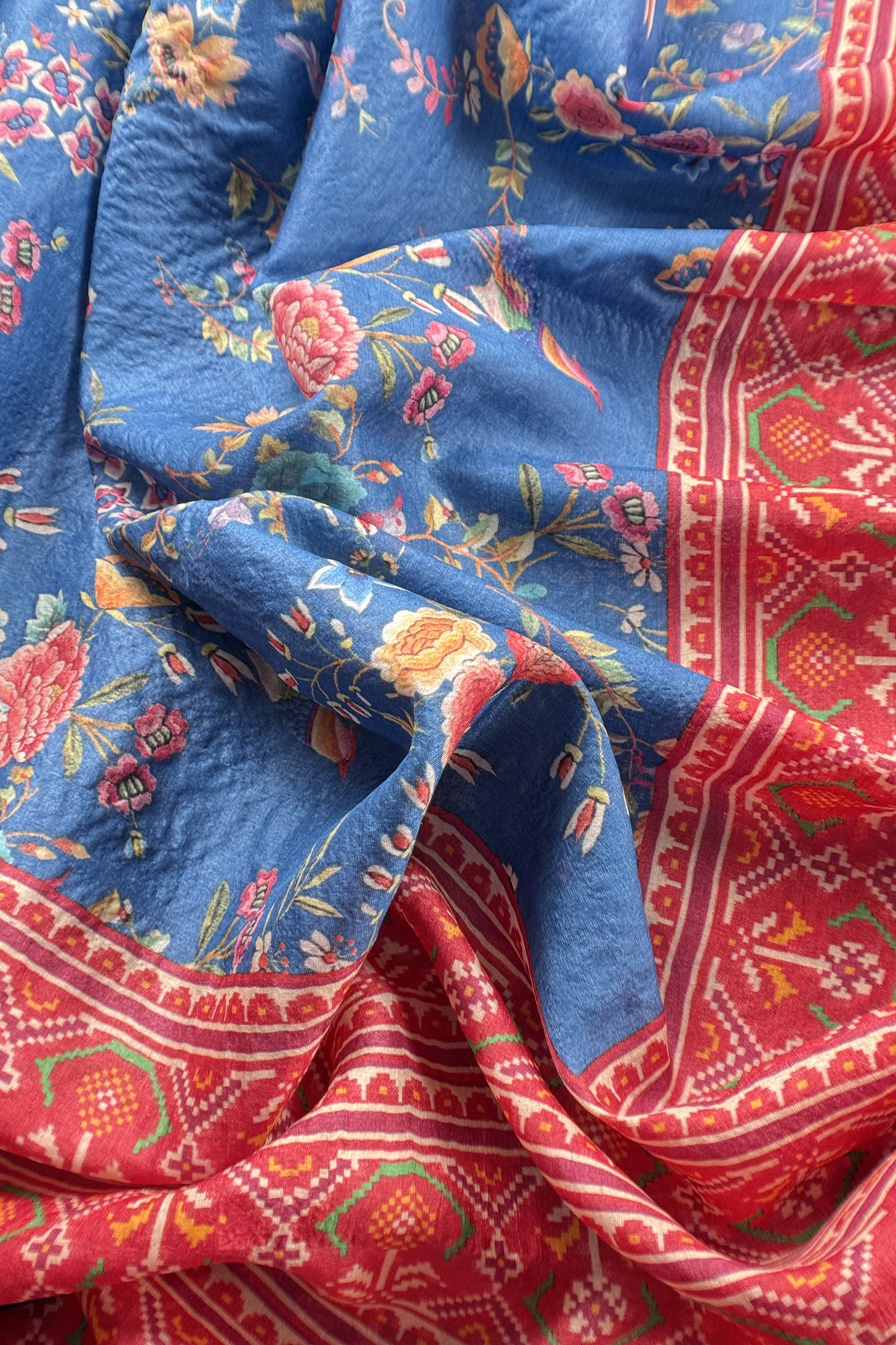 Blue Pure Tussar Silk Suit With Patola Dupatta