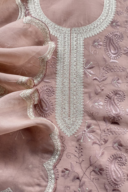 Blush Pink Handloom Kora Silk Suit With Resham Thread Embroidery