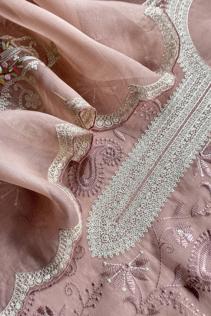 Blush Pink Handloom Kora Silk Suit With Resham Thread Embroidery