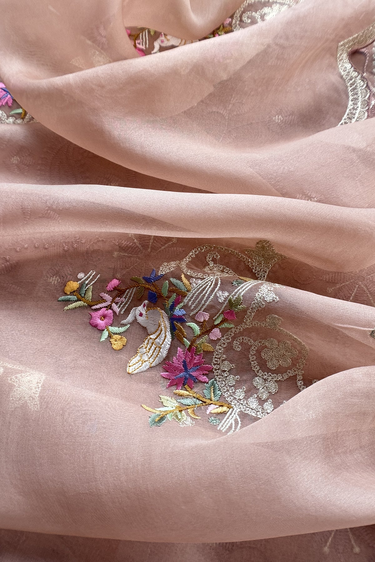 Blush Pink Handloom Kora Silk Suit With Resham Thread Embroidery