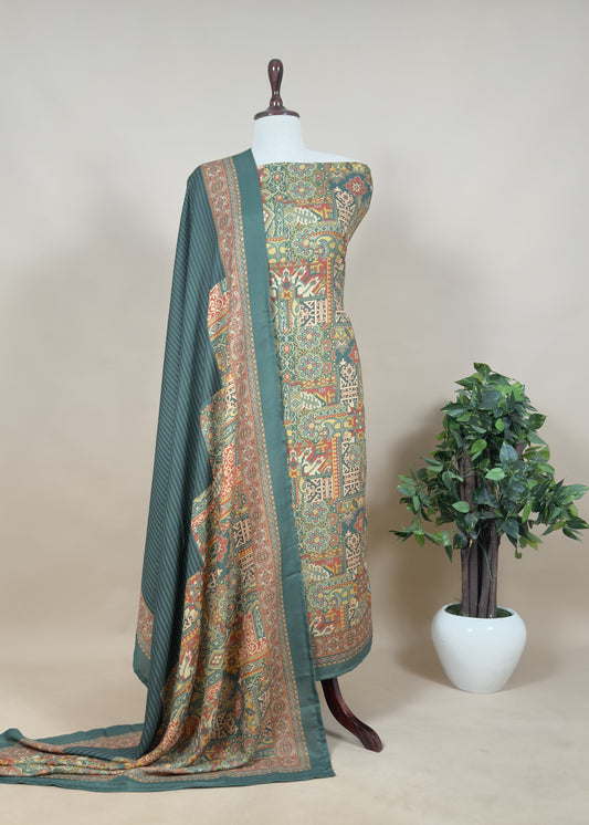 Green Digital Print Unstitched Suit In Pashmina