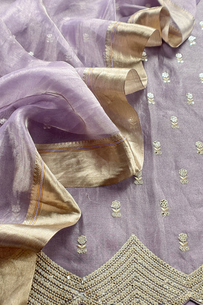 Lavender Luxe Handloom Tissue Silk Unstitched Suit With Mirror Work