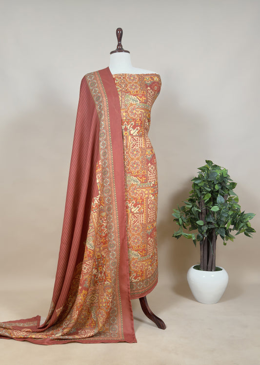 Rust Orange Digital Print Unstitched Suit In Pashmina