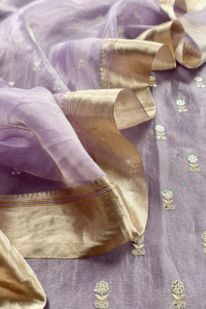 Lavender Luxe Handloom Tissue Silk Unstitched Suit With Mirror Work
