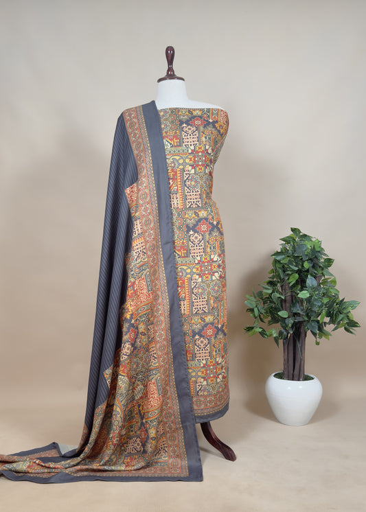 Grey Digital Print Unstitched Suit In Pashmina