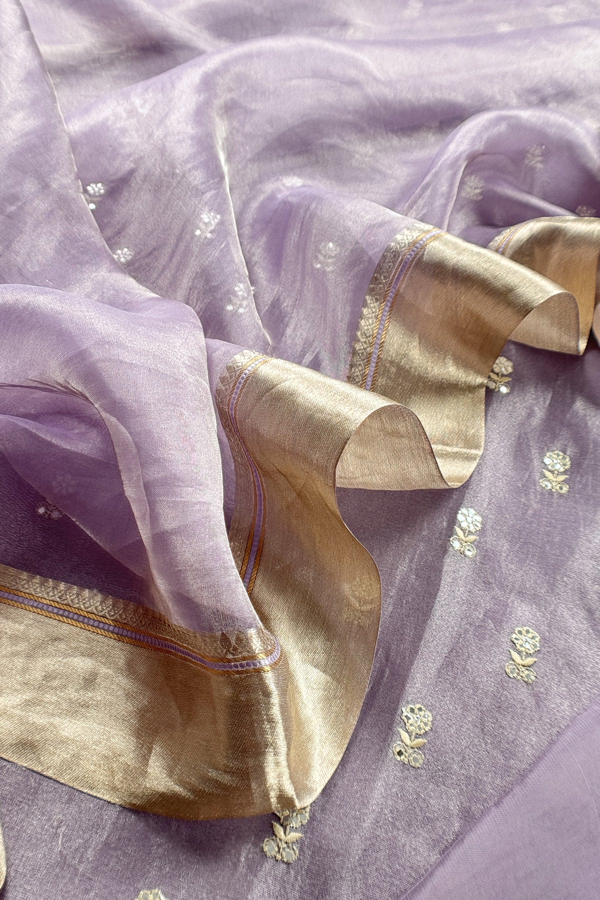 Lavender Luxe Handloom Tissue Silk Unstitched Suit With Mirror Work