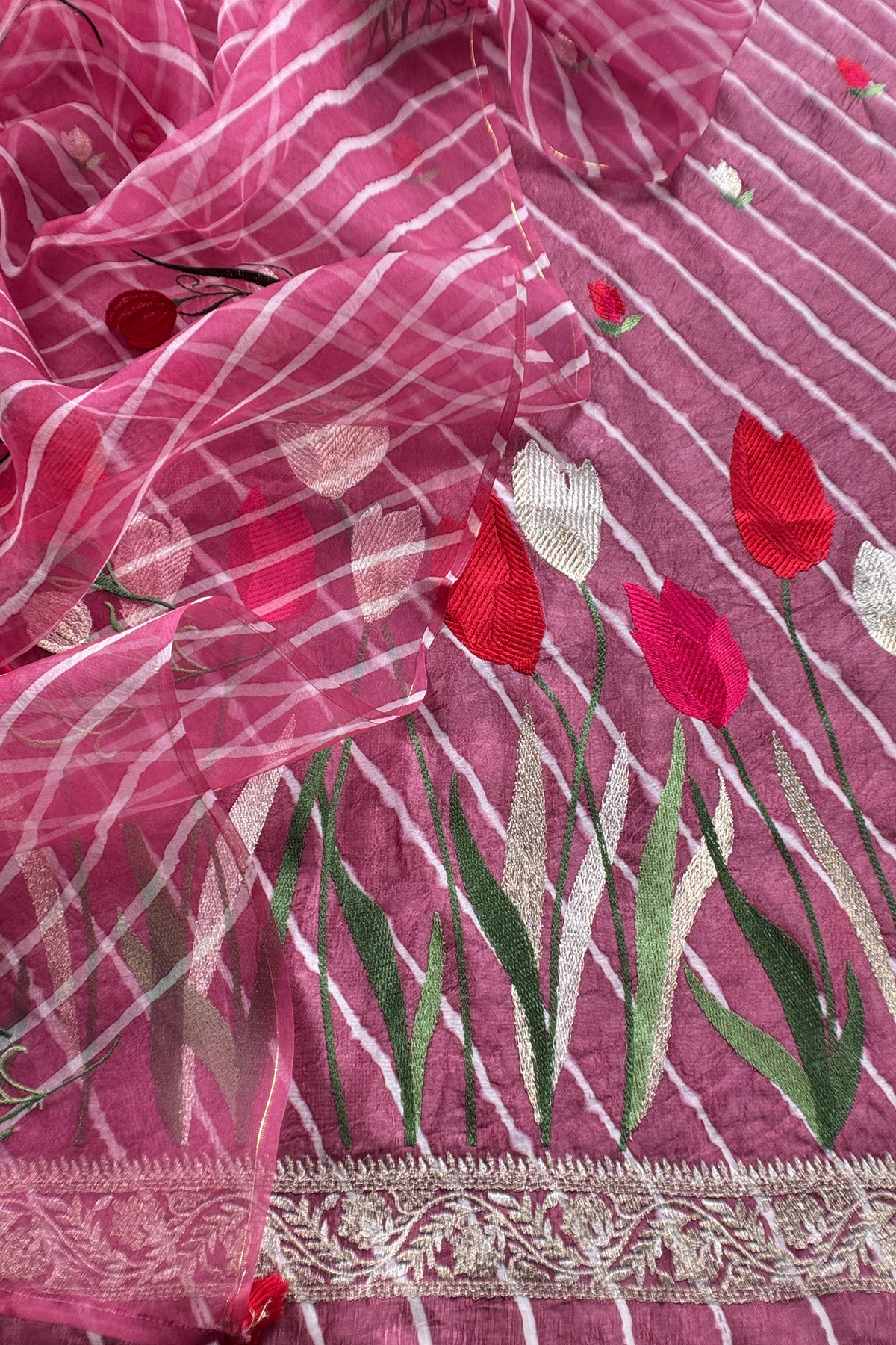 Deep Plum Pure Lehariya Silk Suit With Organza Dupatta
