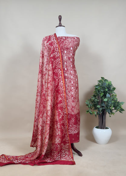 Beige And Blue Abstact Print Maheshwari Silk Suit With Gold  Zari weaving