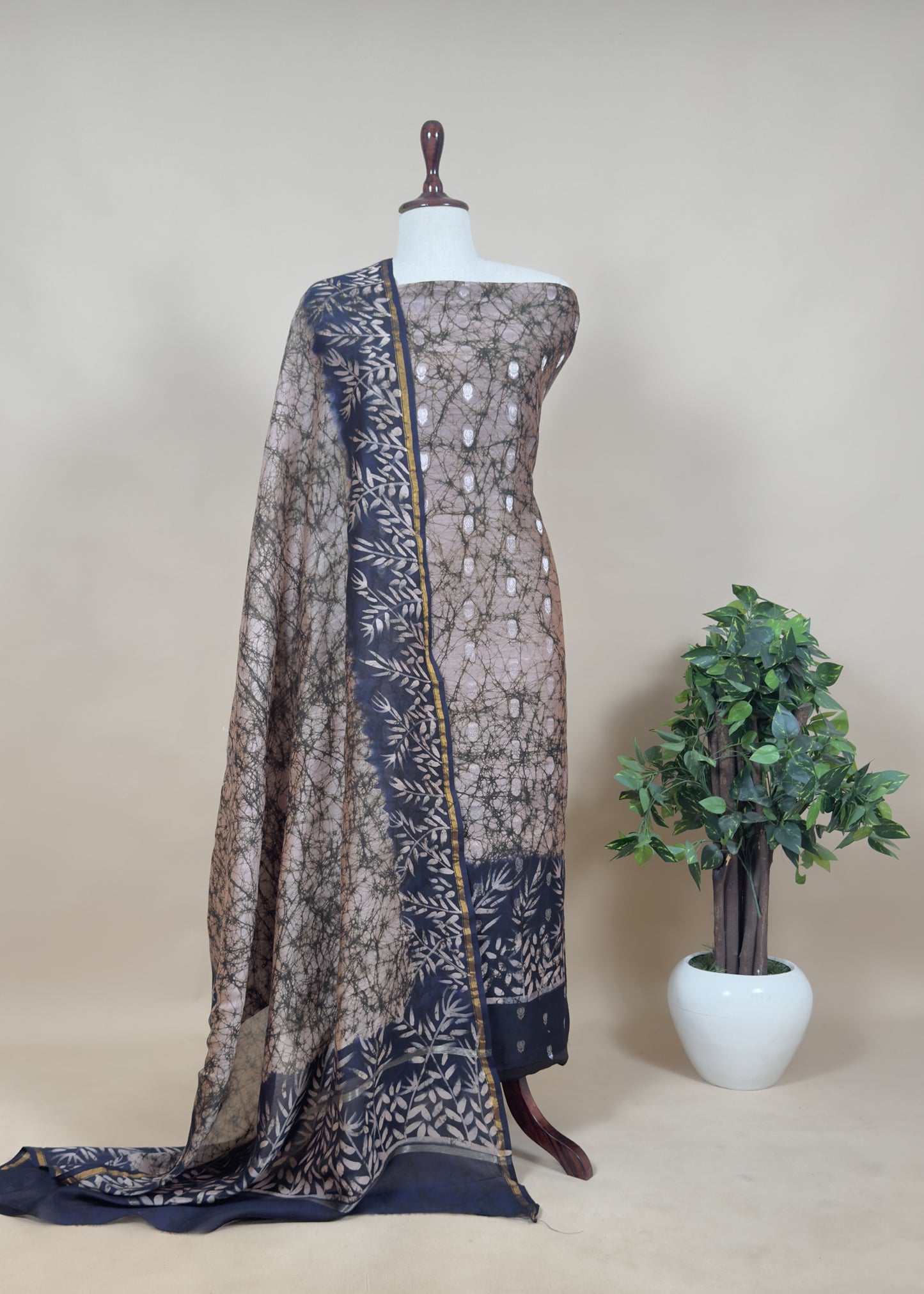 Coffee And Brown Abstact Print Maheshwari Silk Suit With Gold  Zari weaving