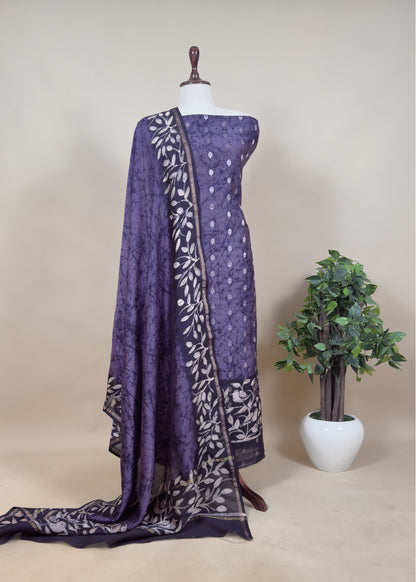 Beige And Blue Abstact Print Maheshwari Silk Suit With Gold  Zari weaving